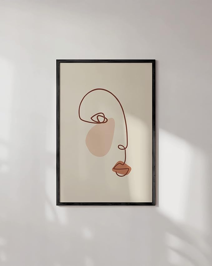 HAUS AND HUES Female Figure Wall Art Line Drawing - Single Line Drawing Wall Art, Minimalist Woman Art Print Line Art Wall Decor Silhouette Lipstick (Black Frame, 24x36)
