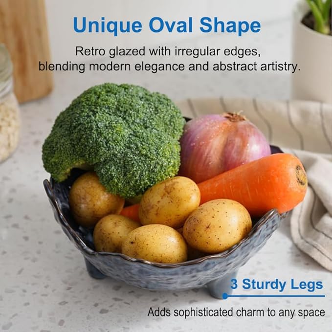 Fruit Bowl, Porcelain Oval Bowl for Kitchen Counter Large Decorative Bowl for Home Decor Centerpiece Bowl for Fruit, Vegetable, Breads, Nuts, Blue