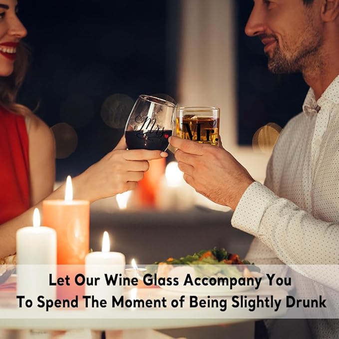 Perfectinsoy Mr Whiskey Glasses and Mrs Wine Glasses Gift Set, Funny Anniversary Wine Glass Gifts for Couples, Wedding Anniversary Birthday Gifts for Wife Husband Dad Mom Couple SoulMate