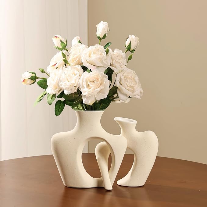 Beige Ceramic Vases for Decor, Set of 2 Small Decorative Vase Modern Boho Aesthetic Flower Vases for Table Centerpiece Dining Room Shelf Living Room Office Décor