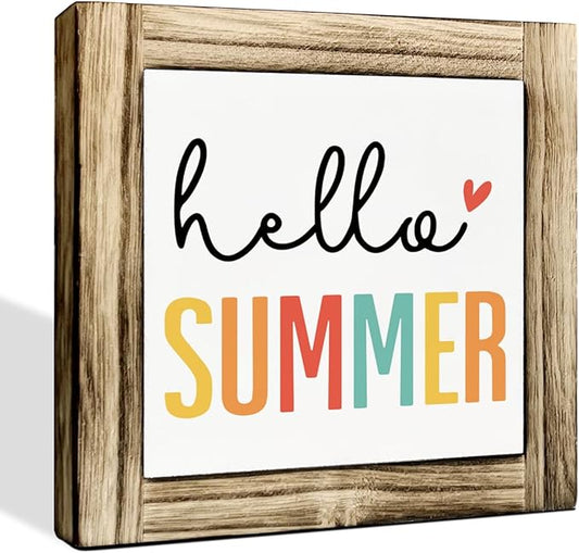 Hello Summer Sign, Wood Box Sign Desk Decor, Front Door Decoration for Shelf, Colorful Summer Decoration Signs for Home, Farmhouse Home Decors, Rustic Tabletop Decor Signs 5.9×5.9inches