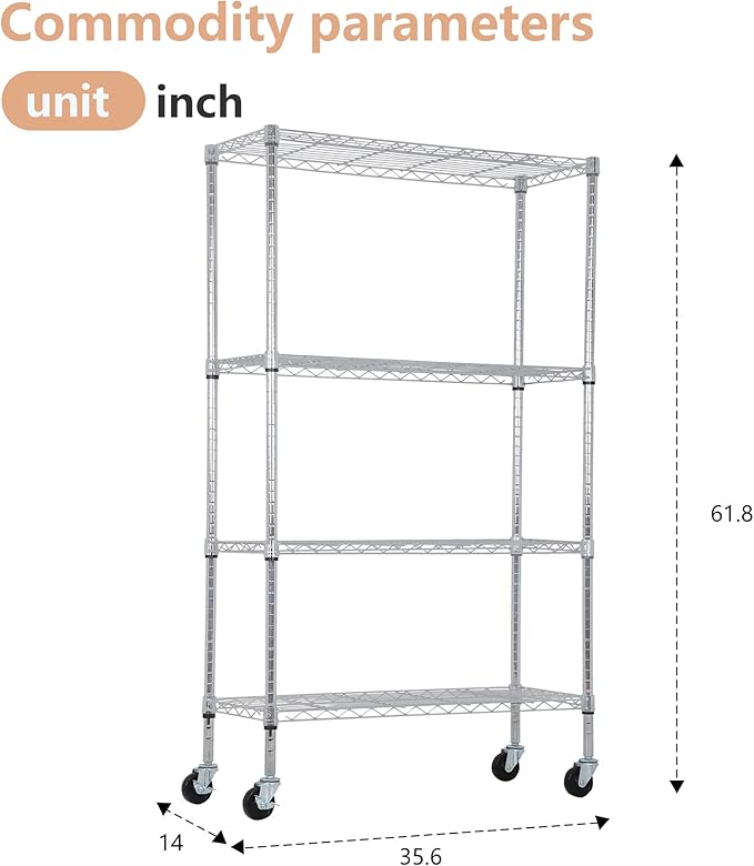 BestOffice | 4-Tier Wire Storage Shelves with Wheels | 36x14x62 | Chrome | Adjustable Racks | Heavy-Duty Metal Shelf, Holds Upto 500 lbs | No-Tool Assembly | Ideal for Home & Garage Shelving