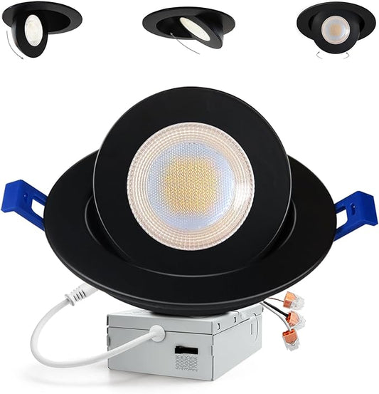 Adetu Recessed Lighting 6 inch, 360°+90° Adjustable Directional 6 inch 5CCT Gimbal Black Led Recessed Light, 2700K-5000K Dimmable Retrofit Eyeball Can Recessed Lights with Jbox, ET (Black,1 Pack)