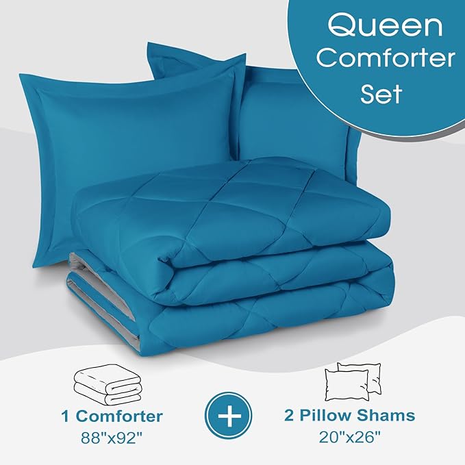 Basic Beyond Queen Comforter Set - Blue Comforter Set Queen, Reversible Bed Comforter Queen Set for All Seasons, Algiers Blue/Charcoal Gray, 1 Comforter (88"x92") and 2 Pillow Shams (20"x26"+2")