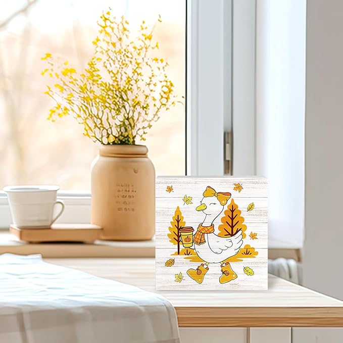 Funny Silly Goose Fall Decor, Farmhouse Fall Decorations for Home Office, Autumn Goose Bow Decorations for Table Gifts for Gooses Animals Lovers 5 x 5 inches (Tub 1709)