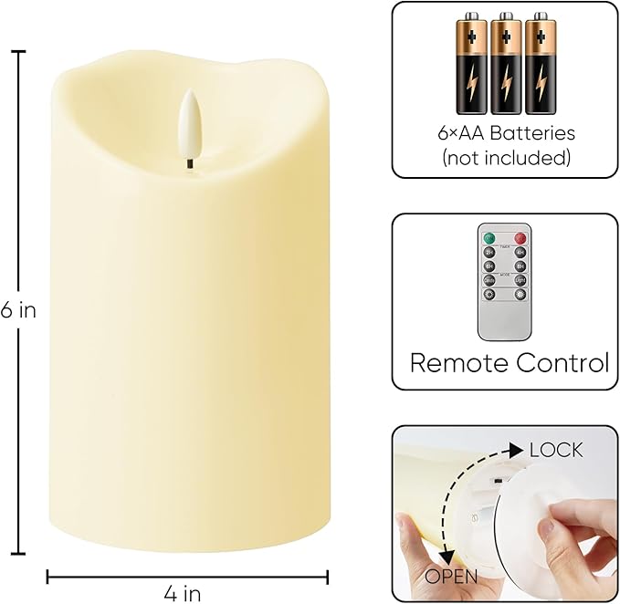 Homemory 4"x6" Outdoor Waterproof Flameless Candles with Timers and Remote Control, Battery Operated Candles, LED Plastic Candles, Dark Ivory, Set of 2