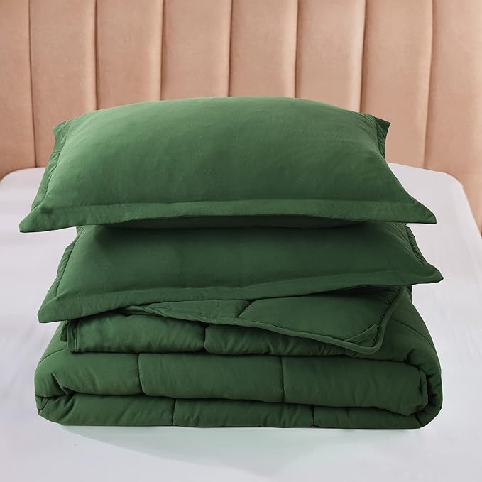 HIG 3pc Prewashed Green Queen Size Comforter Duvet Insert - All Season Quilted Down Alternative Comforter with Corner Tabs - Box Stitched - 250GSM Fiberfill Farmhouse Style Bedding(Salomon)