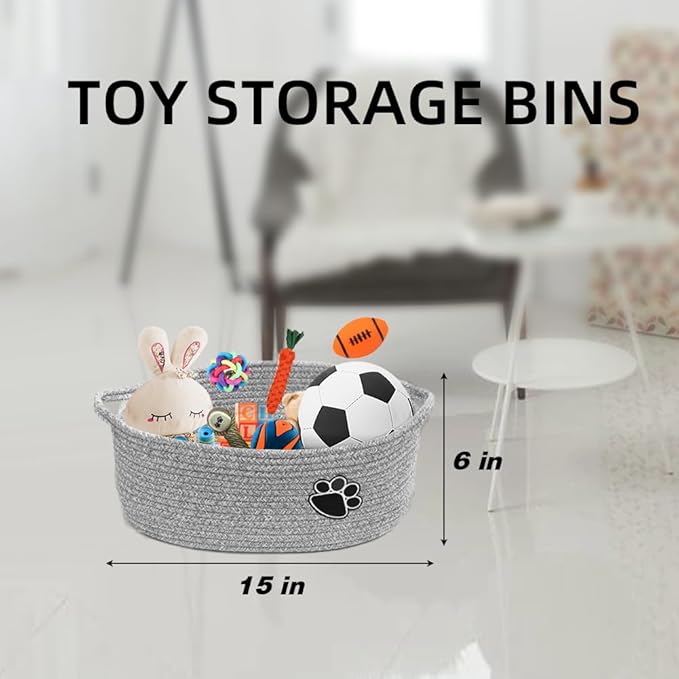 Small Woven Baskets for Organizing Rope Storage Basket with Handle Cute Cotton Basket for Nursery Gift Dog Toy Storage Bins for Toy Organizer-Grey