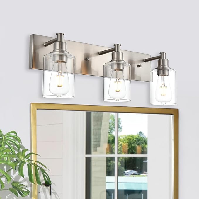 3-Lights Brushed Nickel Wall Sconce, Modern Bathroom Vanity Lights with Clear Glass Shades for Living Room Hallway Dress Table