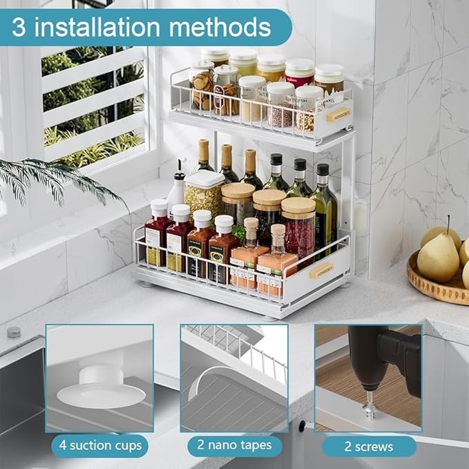 Under Sink Organizer Kitchen, Pull Out Cabinet Organizer 2 Tier Slide Out Sink Shelf Cabinet Storage Shelves, Under Sink Storage for Kitchen Bathroom Cabinet, White, 1 Pack