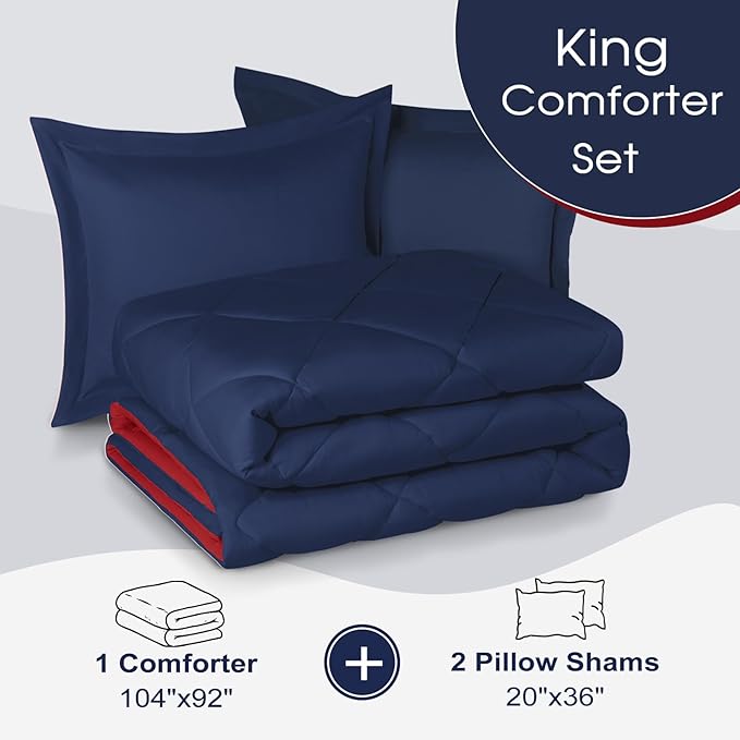 Basic Beyond King Size Navy and Red Comforter Set - Reversible King Bed Comforter Set for All Seasons, 104"x92", 2 Pillow Shams (20"x36"+2")