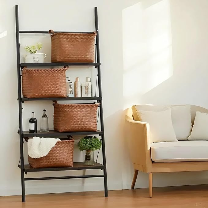 15L Laundry Baskets Waterproof Storage Baskets For Shelves Large Laundry Hamper With Leather Handle -set of 6 Cube Organizers Woven Bins for Bathroom,Bedroom,Pantry,Clothes,Car & Towels-Brown