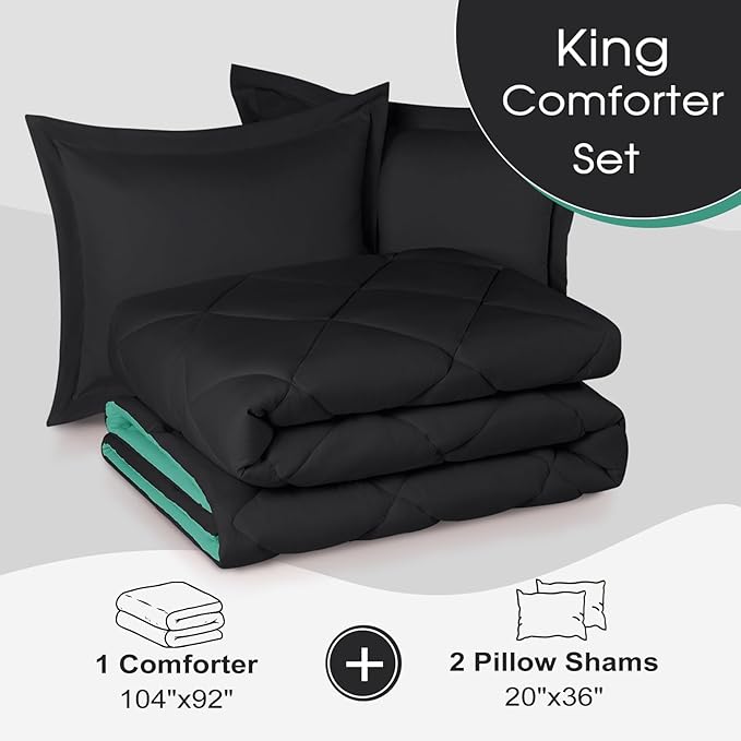 Basic Beyond King Size Comforter Set - Reversible All Seasons, Green/Black Mint Leaf, 1 King Comforter (104"x92") and 2 Pillow Shams (20"x36+")