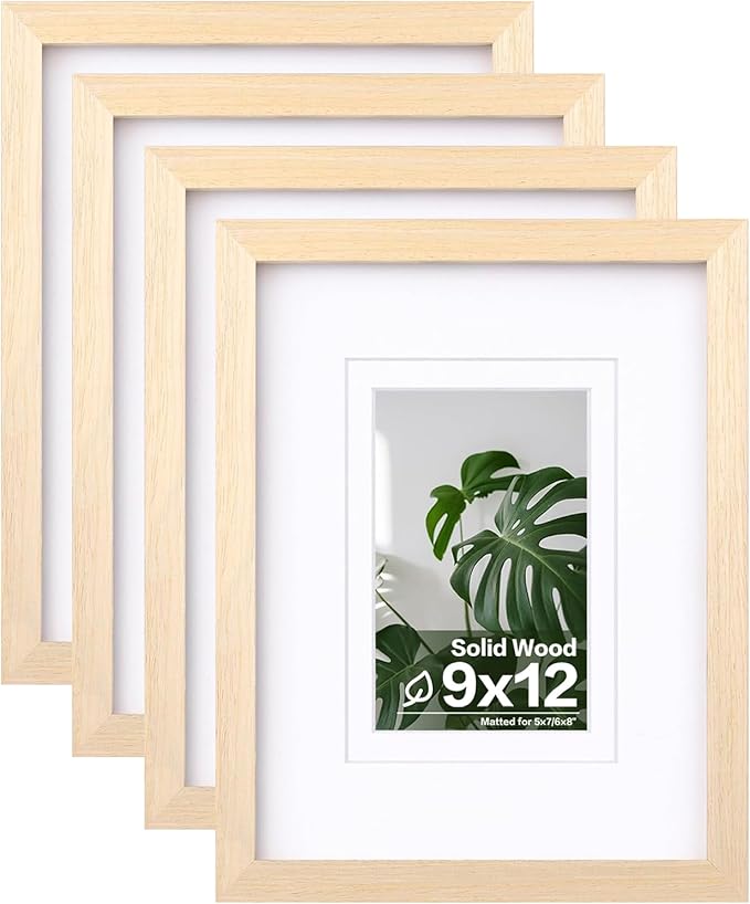 Egofine 9x12 Picture Frames Set of 4, Made of Solid Wood Covered by Plexiglass 5x7 and 6x8 with Mat or 9x12 without Mat, for Table Top Display and Wall Mounting Photo Frame Oak Wood