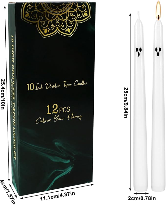 12 Pack Halloween Taper Candles - 10 Inch White Ghost Face Smokeless Candles, Long-Lasting 7+ Hour Burn, Premium Wax for Spooky Decor & Parties