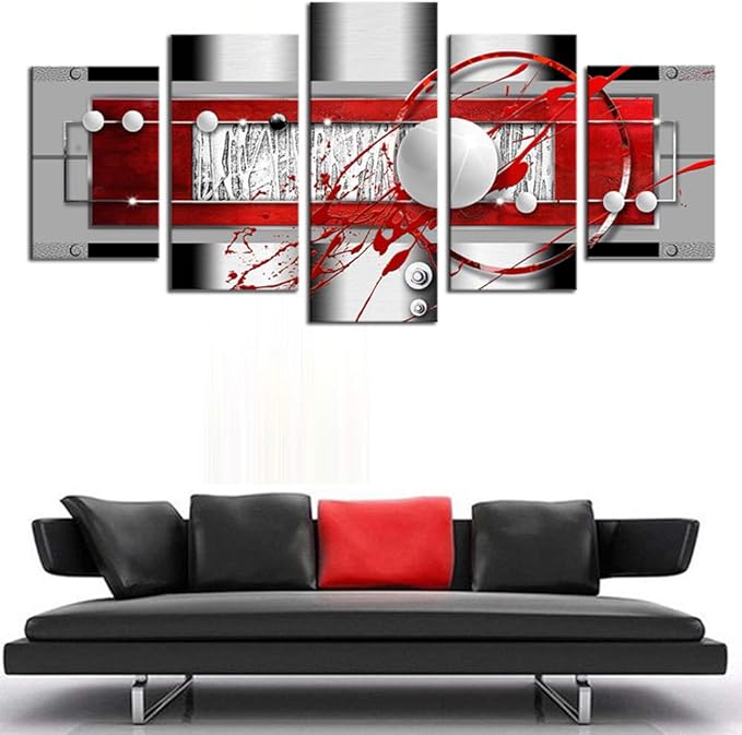 AWLXPHY Decor Abstract Canvas Wall Art Red Black Grey for Living Room Decor 5 Pieces Framed Painting Modern Simple Circle Round Line HD Print Artworks Giclee(White, W60'' x H30'')
