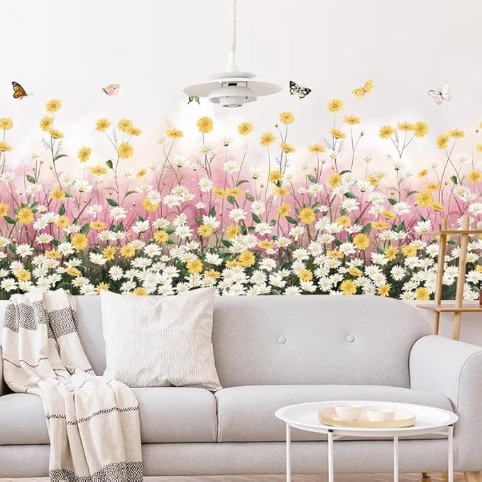 Sicker Universe 12x36 Inch Set - Daisy Flowers Sofa Bedroom Pink Gypsophila Stickers Butterfly Plant Skirting Line Floral Wall Decals for Decor, Self Adhesive Vinyl for Home Decor (Floral Design #6)