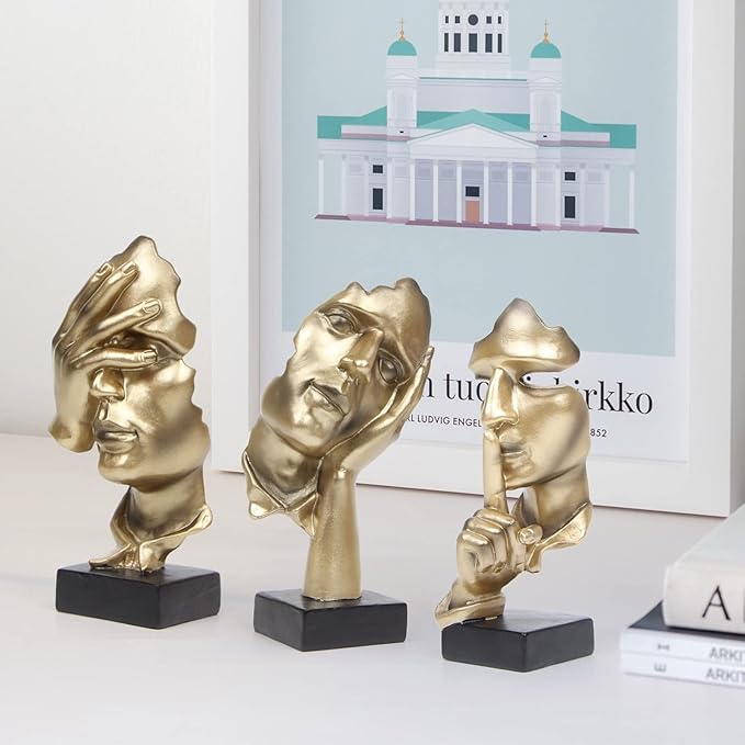 3 Pcs Thinker Statue, Silence is Gold Abstract Art Figurine, No Hear No See No Speak Modern Home Resin Sculptures Decorative Objects Decor for Home Office Bookshelf Desktop(Gold), A-41