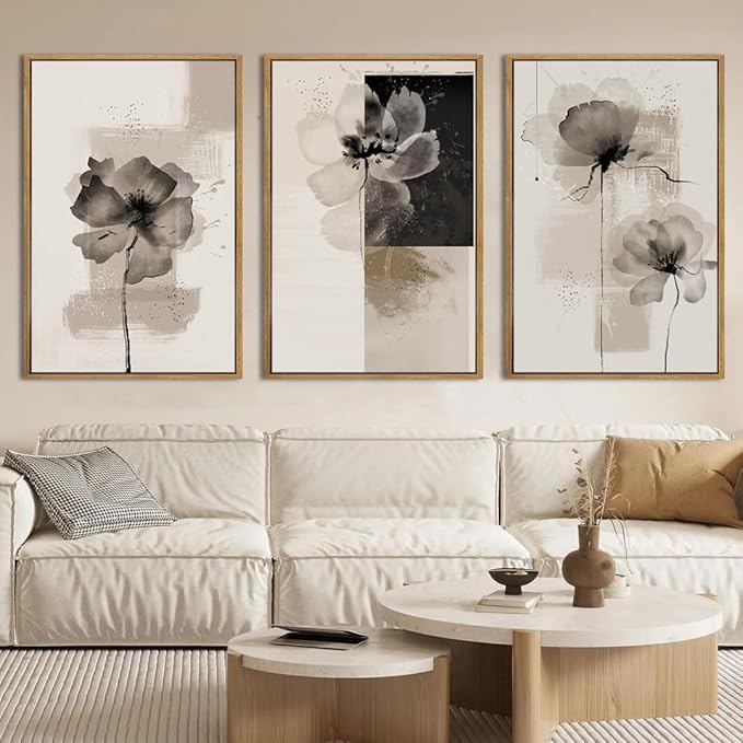 IARTTOP Extra Large Black Neutral Framed Wall Art 24x36 Inch Beige Tan Abstract Floral Canvas Wall Decor Set of 3 Minimalist Modern White Flower Art Prints for Living room Bedroom
