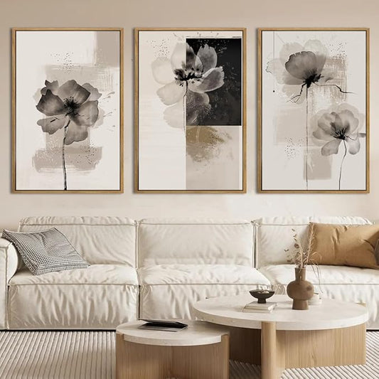 IARTTOP Extra Large Black Neutral Framed Wall Art 24x36 Inch Beige Tan Abstract Floral Canvas Wall Decor Set of 3 Minimalist Modern White Flower Art Prints for Living room Bedroom