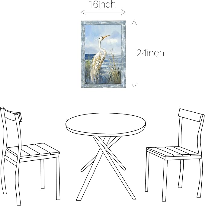 Framed Sea Bird Wall Art: Wooden Blue Coastal Ocean Scene Picture Heron on Beach Painting Artwork Modern Bedroom Bathroom Living Room Wall Decoration Home Office Decor 24”x16”