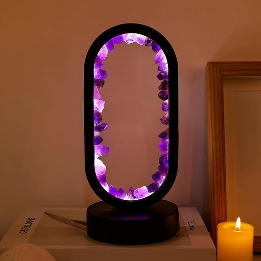 Runyangshi Crystal Lamp Amethyst Raw Stone Ellipse Night Lamp Natural Healing Crystal Night Light Table Lamp Base USB Port 3 Colours Mode for Bedroom Bedside Lamp Office Home Decor Gift