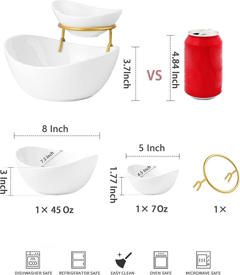 YHOSSEUN Chip and Dip Serving Set 2 Tiered Chip Dip Bowls with Metal Rack for Appetizer, Snacks - Large Chip Bowl 45 oz Small Dip Bowl 7 oz-Serving Bowls for Party, Food Dispaly - Gold Stand