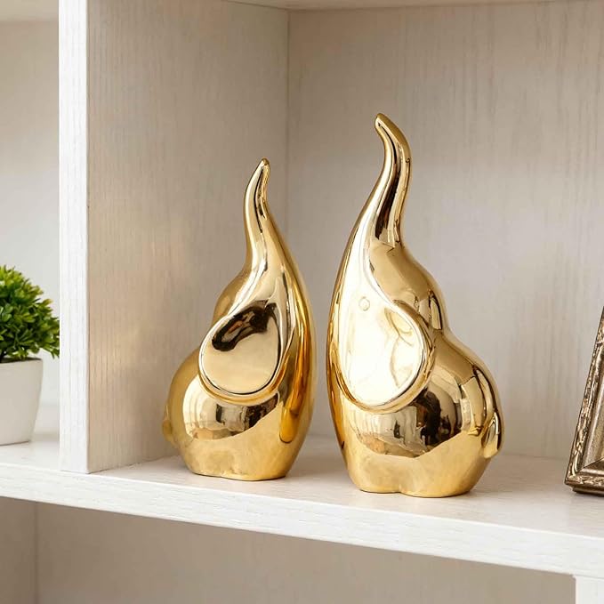 Ceramic Elephant Figurines with Trunk Up, Pair Couples Loving Elephant Statue, Small Figurines Sculpture African Home Decor, Valentine Elephants Gifts for Women, Wedding Knick Knacks（Gold）