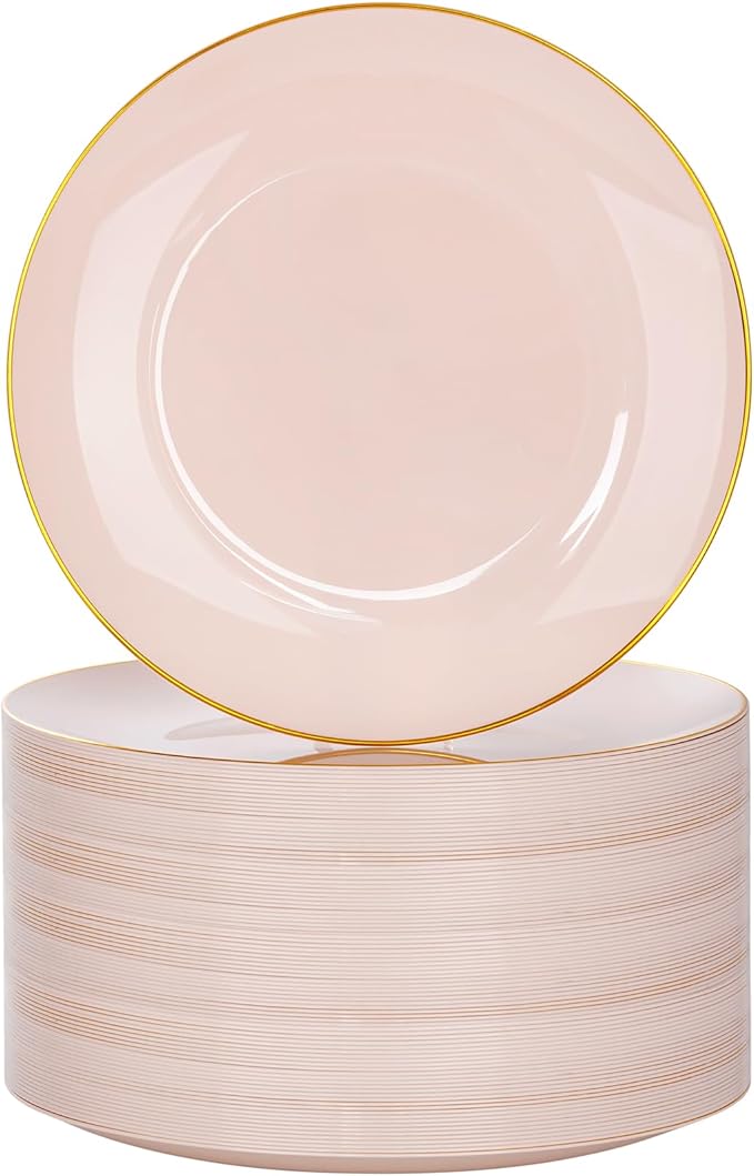 Nervure 100Pieces Pink and Gold Plastic Plates - 7.5inch Disposable Pink Salad/Dessert Plates - Heavy Duty Plastic Plate Ideal for Wedding & Party
