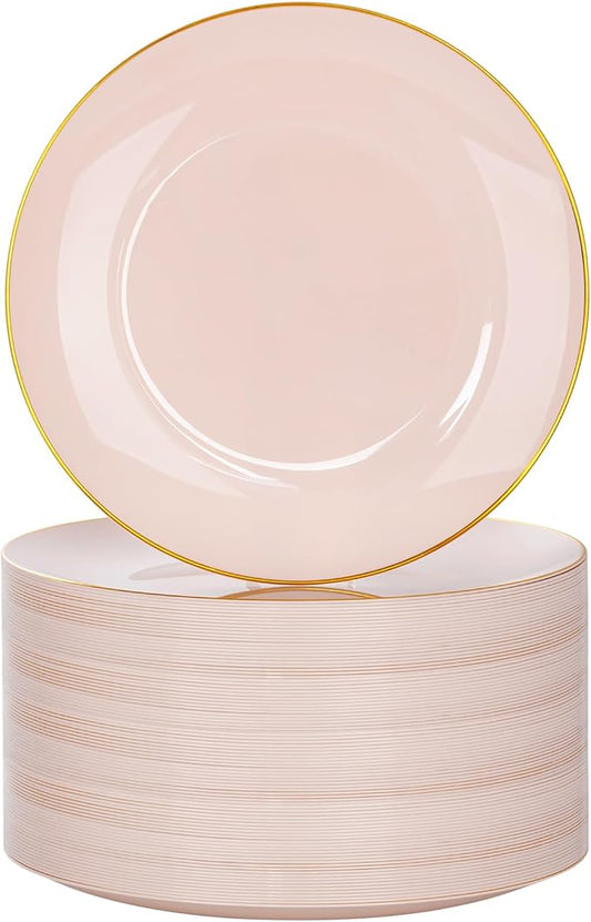 Nervure 100Pieces Pink and Gold Plastic Plates - 7.5inch Disposable Pink Salad/Dessert Plates - Heavy Duty Plastic Plate Ideal for Wedding & Party