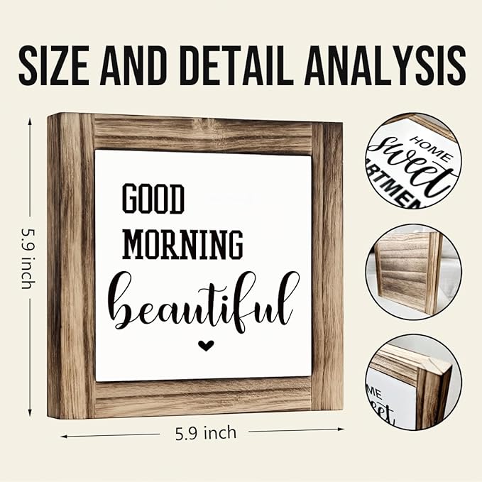 Good Morning Beautiful Sign, Couple's Greeting Signs Decor, Decorative Wooden Box Sign, Farmhouse Desk Signs, Sweet Home Decor for Bedroom, Romantic Gift for Girlfriend Wife, 5.9×5.9 inches