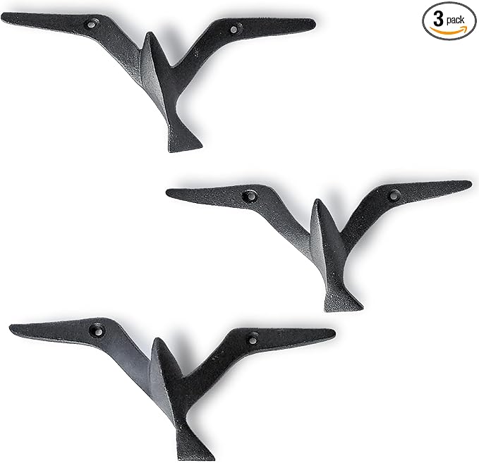 Ambipolar Iron Cast Decorative Gull Bird Wall Mounted Coat Hooks, Black, Set of 3
