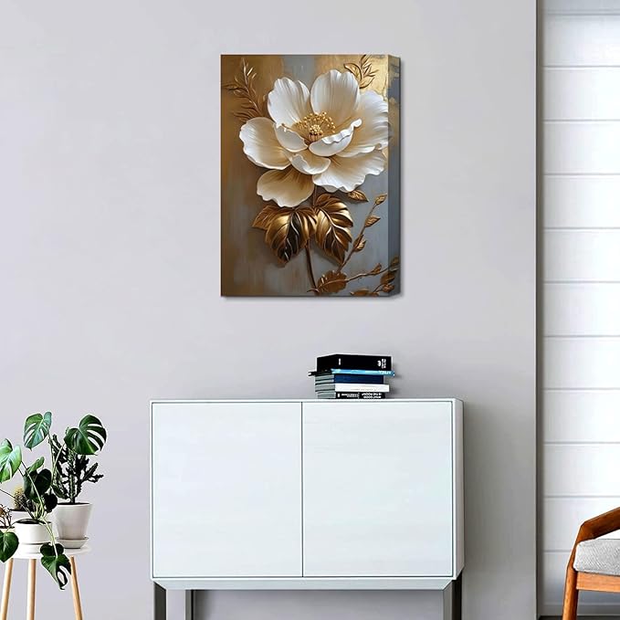 Flower Pictures Canvas Wall Art White Gold Flowers Elegant Wall Decor pictures 3D Retro Floral poster prints for Bedroom Bathroom Wall Decorations (12inx16in canvas)