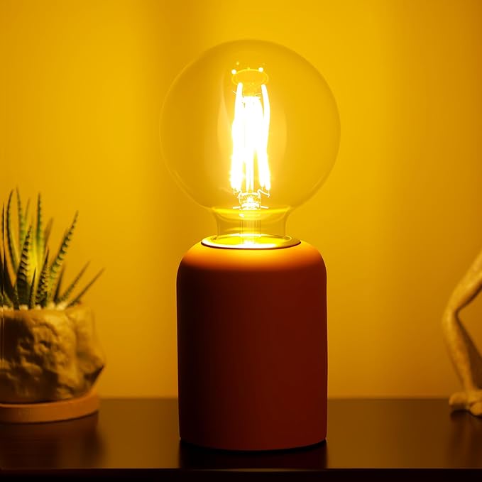 Mini Modern Orange Red Concrete Bedside Table Lamp, 3.5 x 3.5 x 8.5 Inch Nightstand Lamps, with Spherical Bulb Round Side Table Lamp for Bedroom Living Room Entryway Table Lamps