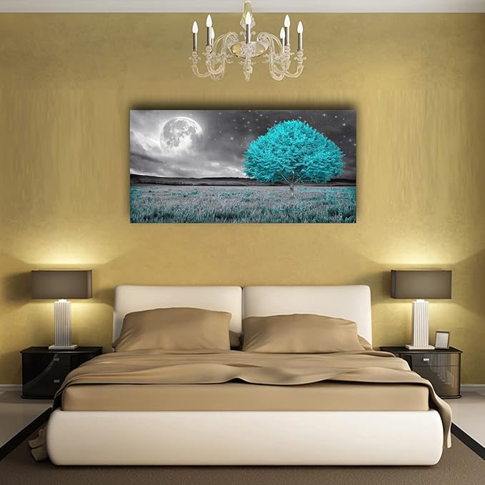 Tree of Life Wall Art Picture Canvas Prints Room Wall Décor Blue Tree with Full Moon Paintings for Living Room Bathroom Bedroom Home Kitchen Decorations Natural Artwork Wooden Framed 28x57inches