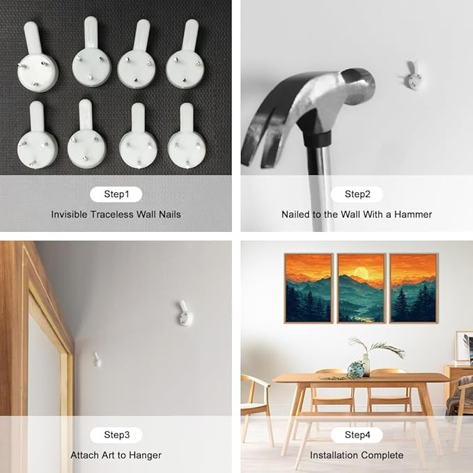 HOURIA Large Sunrise Mountain Forest Landscape Framed Canvas Wall Art Set,Orange Sky Green Ridge Wall Decor,Nature Pine Tree Artwork,Boho Watercolor Art Print for Living Room, Bedroom- 24"x36"x3