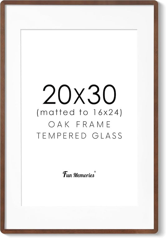 20x30 Picture Frame, 20 x 30 Poster Frame - Solid Oak Wood, 20 by 30 Frame with Tempered Glass, Rustic Wooden 20"x30" Frame with Mat for 16"x24", Minimalist 20x30 Frames for Wall, Walnut Color, 1 Pack