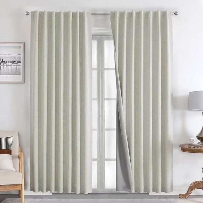 Joydeco Natural Linen Curtains 96 inch Length 2 Panels Set Burg 100% Blackout Patio Door Curtain Room Darkening Sliding Door Curtains Thermal Insulated Back tab Rod Pocket(105x96 inch, Light Beige)
