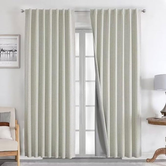 Joydeco Natural Linen Curtains 84 inch Length 2 Panels Set Burg 100% Blackout Patio Door Curtain Room Darkening Sliding Door Curtains Thermal Insulated Back tab Rod Pocket(105x84 inch, Light Beige)