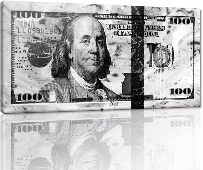Black and White Office Decor Wall Art Canvas 100 Dollar Money Posters and Prints Artwork HD Print 100 USD Bill Money Work Pictures for Office Home Living Room Bedroom Rest Room Framed-32"Wx16"H