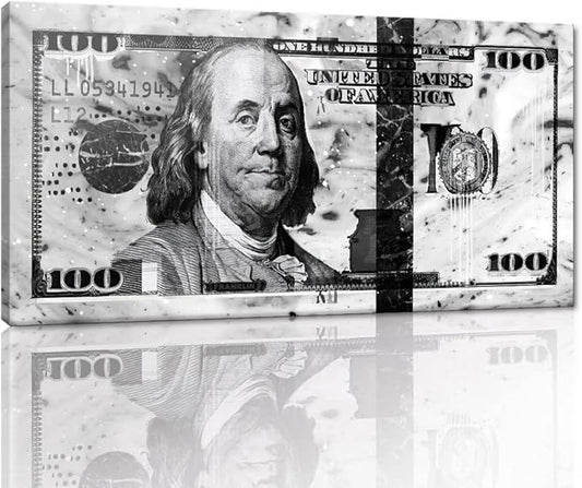 Black and White Office Decor Wall Art Canvas 100 Dollar Money Posters and Prints Artwork HD Print 100 USD Bill Money Work Pictures for Office Home Living Room Bedroom Rest Room Framed-32"Wx16"H