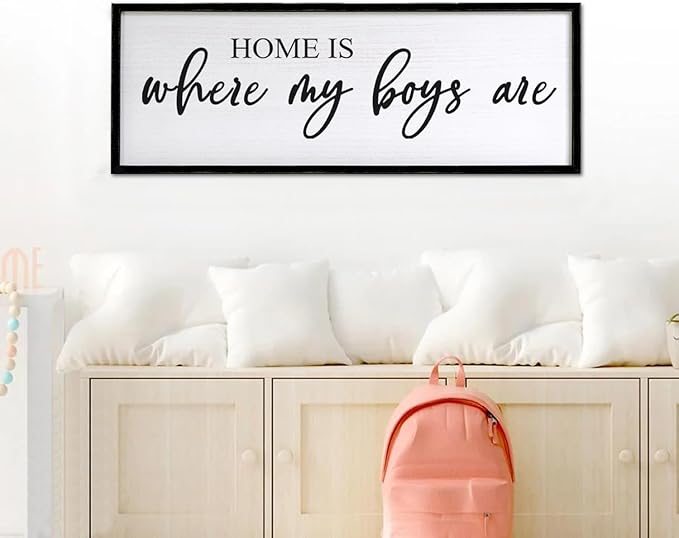 Home is Where My Boys are Sign Framed Wall Art, 32''×12'' Rustic Horizontal My Son Plaque with Black Frame for Baby Kid Boy Son Teen Toddlers Room, Horizontal Mom of Boys Gifts Nursery Decor