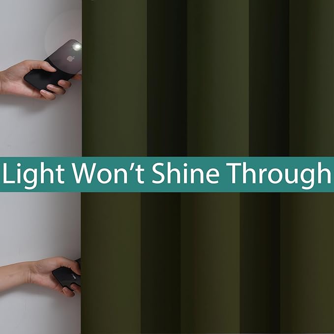 Yakamok Green 100% Blackout Curtains, Total Blackout Lined Curtain Panels for Bedroom, 2 Thick Layers Grommet Top Thermal Insulated Blackout Drapes for Living Room(52Wx96L, Olive Green, 2 Panels)