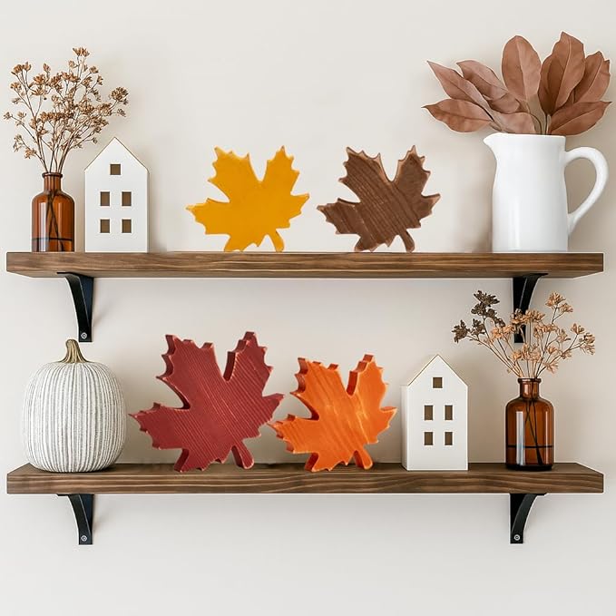 4PCS Fall Wooden Leaves Decor Wood Maple Leaf Sign Thanksgiving Table Decor Gift for Autumn Farmhouse Rustic Centerpieces Tabletop Tiered Tray Shelf Props Vintage Harvest Home Indoor Decorations