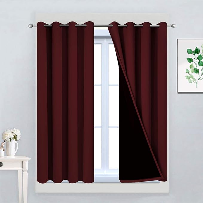 Yakamok 100% Blackout Curtains for Bedroom, Thermal Insulated 2-Layer Lined Blackout Drapes, Full Blackout Curtain Panels for Living Room(Burgundy Red, 2 Panels, 52W x 45L Inch)