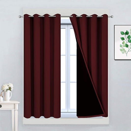 Yakamok 100% Blackout Curtains for Bedroom, Thermal Insulated 2-Layer Lined Blackout Drapes, Full Blackout Curtain Panels for Living Room(Burgundy Red, 2 Panels, 52W x 45L Inch)