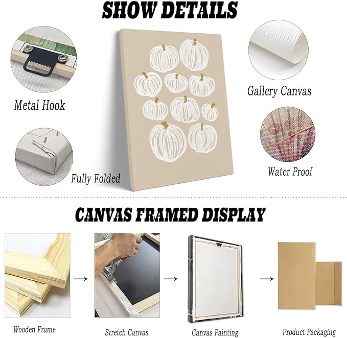 Framed Neutral Pumpkin Painting Posters Modern Fall Canvas Print Wall Art, Beige Fall Decor Abstract Autumn Poster Halloween Decor 11x14"framed