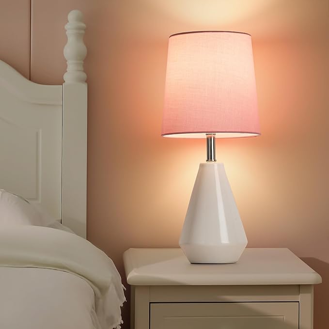 Small Bedside Table Lamp for Bedroom - Reading Desk Lamp with 3 Color Temperatures，15.5" Nightstand Ceramic Lamp with Fabric Shade for Kids Room,Living Room,Dorm,Home Office (White+Pink