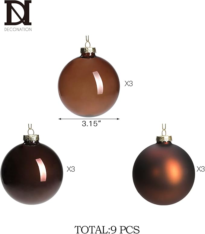 DN DECONATION Brown Glass Christmas Ball Ornaments, Set of 9, 3' Hanging Christmas Baubles for Xmas Tree Decoration, Wedding Party Gift
