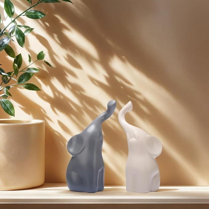 Modern Loving Couple Elephant Statue Set in Beige & Grey - 6 Inch Decorative Figurines for Living Room, Dining Table, Shelves & Entryway - Wedding, Women's Home Decor Sculptures